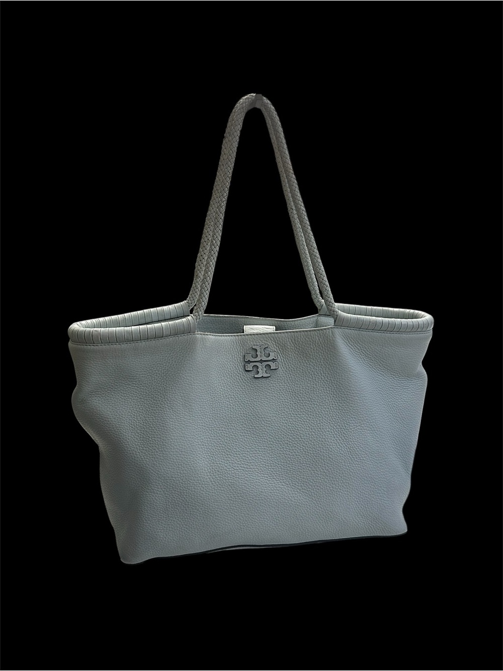 Tory Burch Taylor Tote in Seltzer Blue pebbled leather, braided handles.